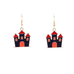 Boucles d'oreilles Halloween avec château en émail noir et rouge et crochets dorés