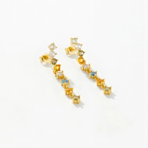 Detailed macro view of S925 sterling silver drop earrings with colorful gemstones