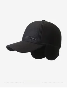 Detail of warm winter baseball cap featuring fold-down ear flaps and SPORT embroidery