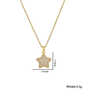 Gold star pendant necklace with full pavé crystals and detailed size specifications