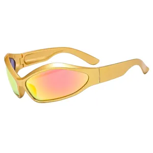 Golden Y2K futuristic sports sunglasses with red gradient lenses for outdoor sun protection