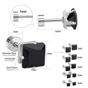 Detail of square black zircon stud earrings with twist back and size measurements