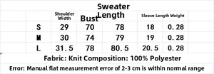 Size chart for short sleeve knitted dress with measurements in S, M, and L sizes