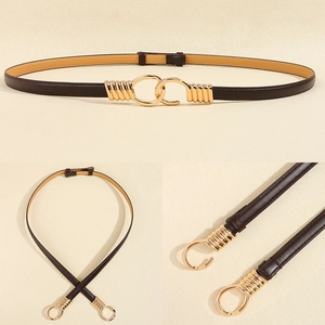 Detail of dark brown slim belt with gold spring buckle showing texture and closure