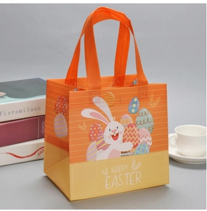 Detailed view of Happy Easter non-woven gift bag with rabbit and colorful eggs print