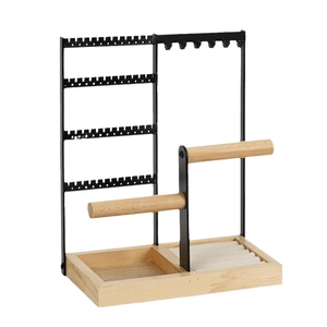 Multi-tier wood and metal jewelry stand with necklace hooks and bracelet bars