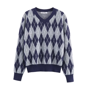 Women Argyle Knit Sweater V-Neck Long Sleeve Polyester Acrylic Preppy Style Geometric Pattern Casual Pullover