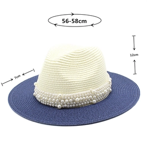 Detail of two-tone Panama hat with white crown, blue brim and elegant pearl band trim
