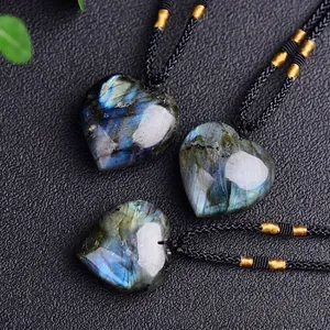 Natural Labradorite Heart Pendant Necklace With Adjustable Woven Rope Blue Light Fire Crystal Gemstone Jewelry For Women Men