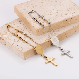 Braccialetti minimalisti in acciaio inox con grani, croce e ovali in oro e argento