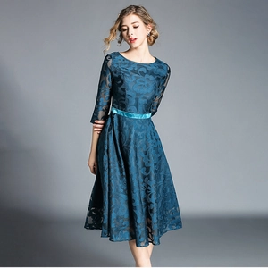 Elegant lake blue lace midi dress with half sleeves and a satin waist belt