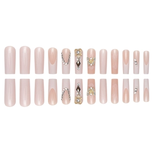 Long coffin press-on nails set with nude pink base, French tips, rhinestones, and butterfly