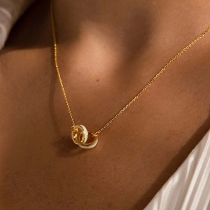 Interlocking Double Circle Necklace Titanium Steel 18K Gold Plated White Opal Asymmetric Pendant Choker For Women