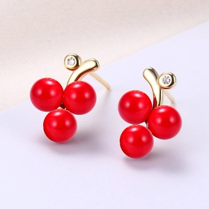 S925 silver grape cherry earrings with red beads, gold stems and sparkling diamonds