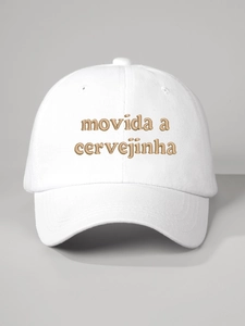 Close-up of white cotton baseball cap with yellow movida a cervejinha embroidery