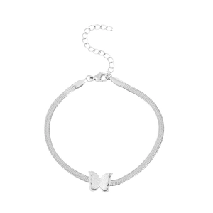 Silver frosted butterfly charm on a sleek stainless steel snake chain bracelet