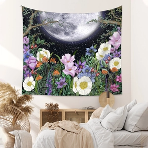 Bohemian moon phase tapestry with floral night sky landscape for bedroom wall decor
