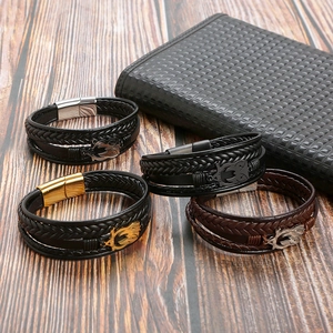 Men's punk owl stainless steel and braided leather bracelets with secure magnetic clasps