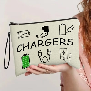 Canvas organizer bag for chargers and cables with printed icons and wrist strap
