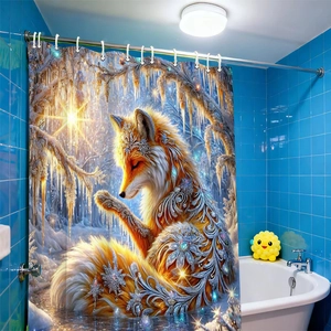 Detail of 3D digital fox print shower curtain showing metal eyelets and waterproof fabric