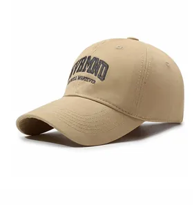 Detail of khaki cotton baseball cap with black EVERMIND embroidered lettering