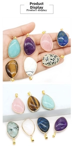 Detailed view of various teardrop-shaped crystal agate pendants with gold metal edging