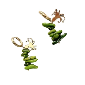 Gold octopus drop earrings with olive green stacked sea coral stones for women
