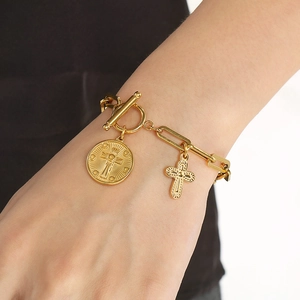 Double-layer gold stainless steel bracelet with cross and medallion charms and OT buckle