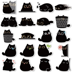Macro view of 20 cute black soot cat stickers in various poses and expressions