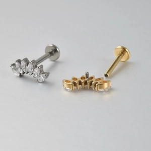 F136 titanium curved marquise zircon flower labret stud with flat back screw