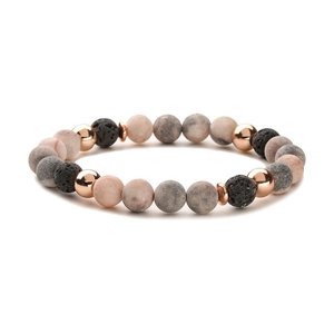 Detailansicht der rosa Zebra-Jaspis-Perlen und schwarzen Lavastein-Perlen auf dem Armband