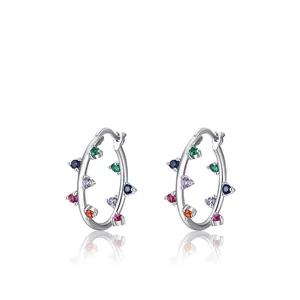 S925 sterling silver hoop earrings with colorful zircon stones in a rainbow pattern