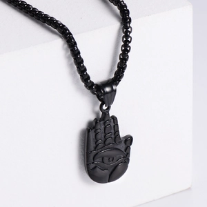 Vintage Hamsa Hand and Evil Eye stainless steel pendant with a black beaded chain