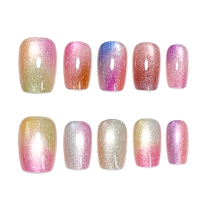 Rainbow cat eye press-on nails with luxury gradient shimmer effect in square round shape