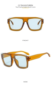 Detailed front and side view of oversized square tea frames with light green lenses