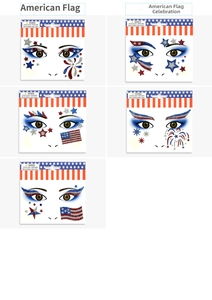 Detail of 5-pack American flag glitter face stickers with star and firework patterns