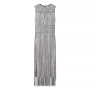 Detail of silver sleeveless dress with long fringes and round neck for elegant women