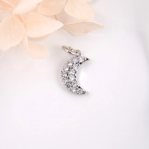 Silver crescent moon pendant with inlaid clear cubic zirconia for DIY jewelry making