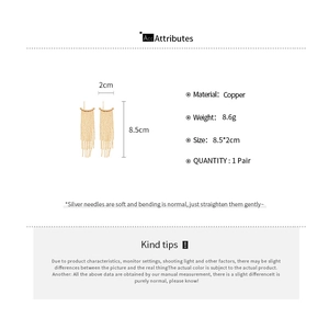Detailed size chart for gold tassel drop earrings with dimensions 8.5cm by 2cm and 8.6g weight
