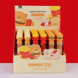 Detail of 10-color ballpoint pens featuring cute food and animal cartoon characters