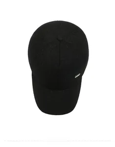 Top-down view of black thermal baseball cap with six-panel structure and metal plate
