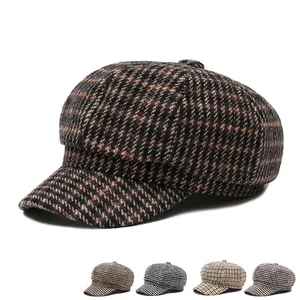 Vintage checkered octagonal newsboy cap for women in various seasonal colors