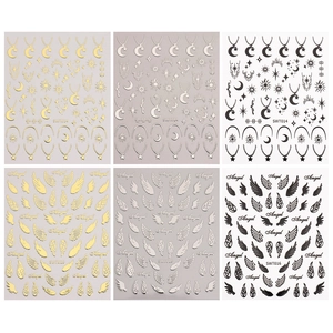 Détails de 6 planches de stickers nail art avec motifs lune, étoiles et ailes d'ange