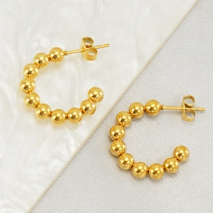 Chic golden stainless steel C-shaped beaded hoop earrings with a high-polished mirror finish