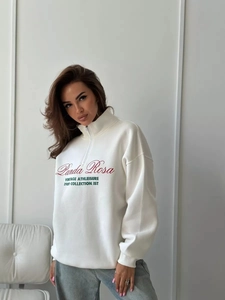 White half-zip sweatshirt with vintage Panda Rosa print in a loose casual fit