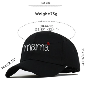 Black cotton baseball cap with MAMA embroidery and size specifications displayed