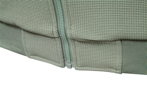 Detail of sage green waffle knit fabric and matching zipper on men's jacket
