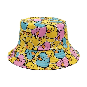 Fashionable yellow bucket hat with colorful cartoon duck print for sun protection