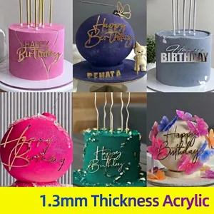 Happy Birthday Cake Topper Acrylic Mirror Gold Silver Butterfly Crown Decoration For Birthday Party Baking Accessories