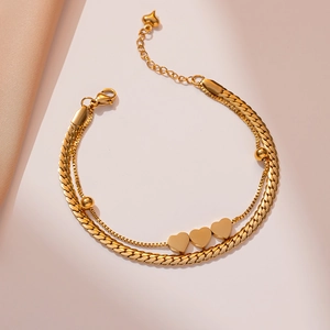 Double-layered gold titanium steel bracelet with heart charms and beads for women